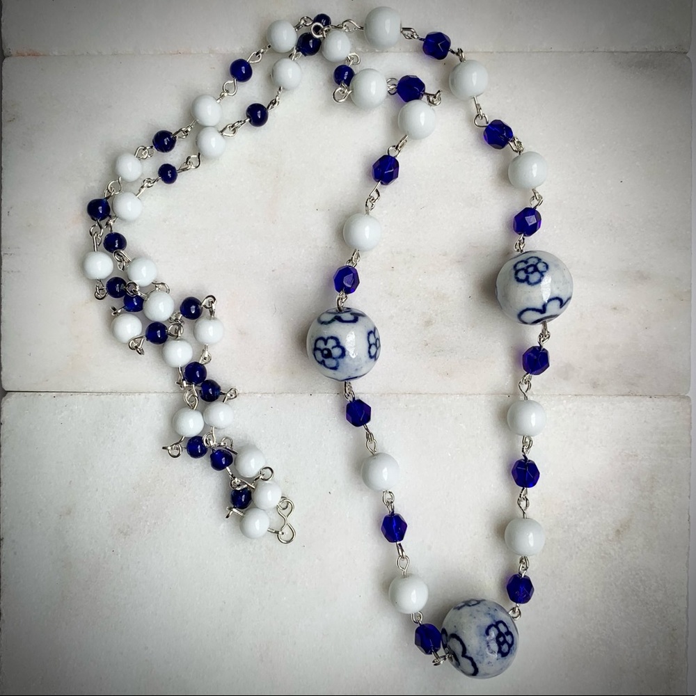 Blue white ceramic ball and crystal necklace
